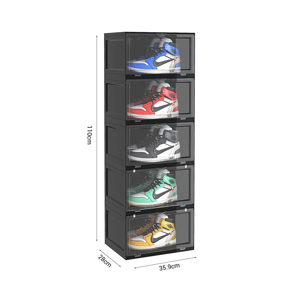 SOGA 5 Tier Black Portable Shoe Organiser Sneaker Footwear Folding Plastic Bin Stackable Storage Box with Magnetic Door