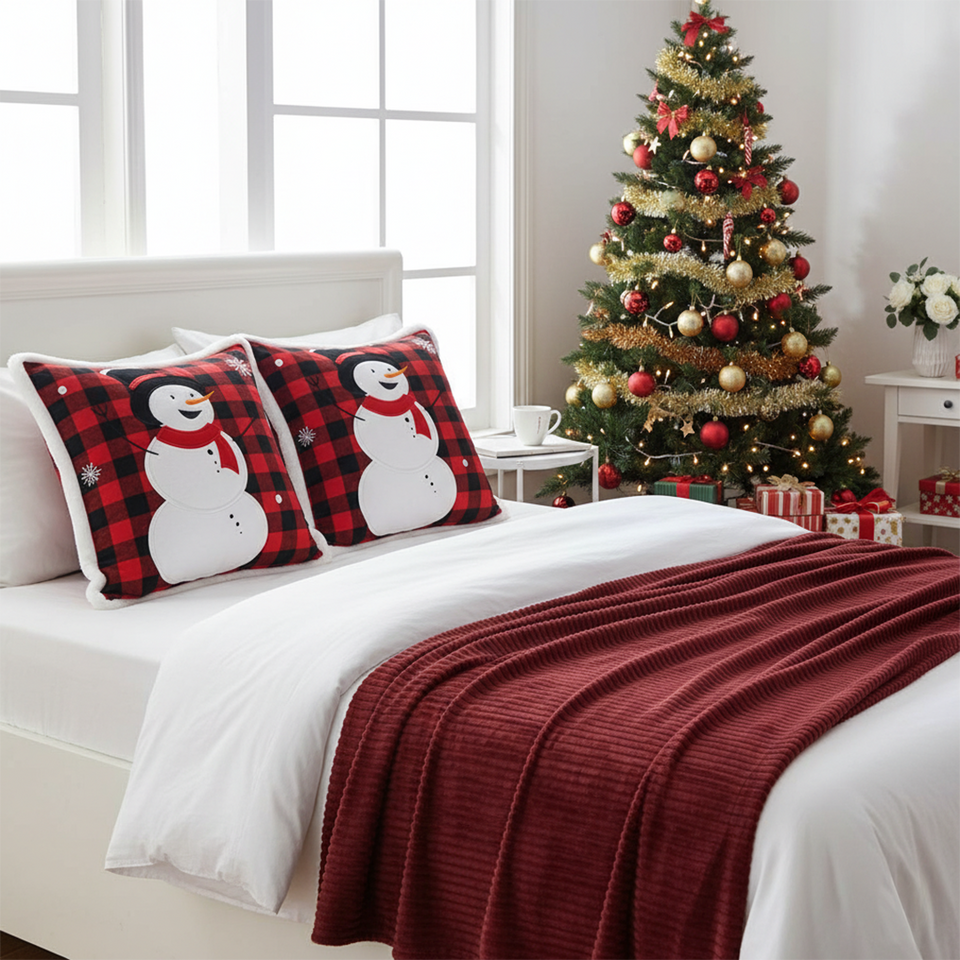 SOGA Christmas Bundle – 2 Red Snowman Holiday Pillow & Burgundy Striped Cozy Throw Blanket