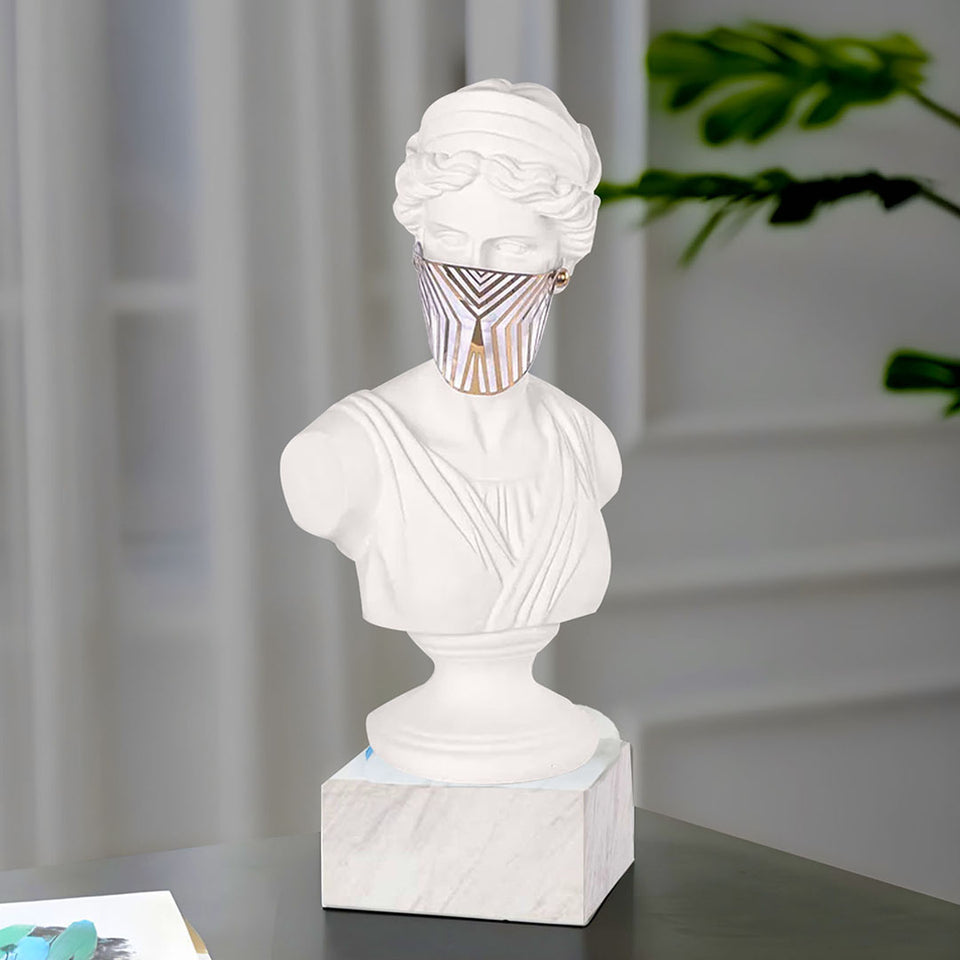 SOGA 45cm White Classical Bust Sculpture Resin with Gold Striped Mask for Modern Home Decor