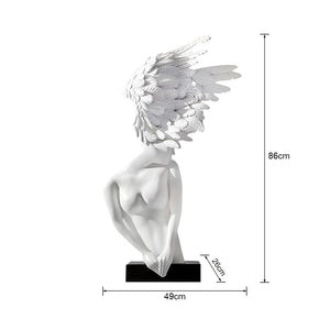 SOGA 86cm Modern White Winged Figure Sculpture with Artificial Marble Base for Home Decor