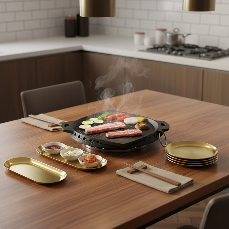 SOGA Kitchenware Bundle – Square Portable Korean BBQ Stove, Gold Grilling Plate & Nordic Plate Set