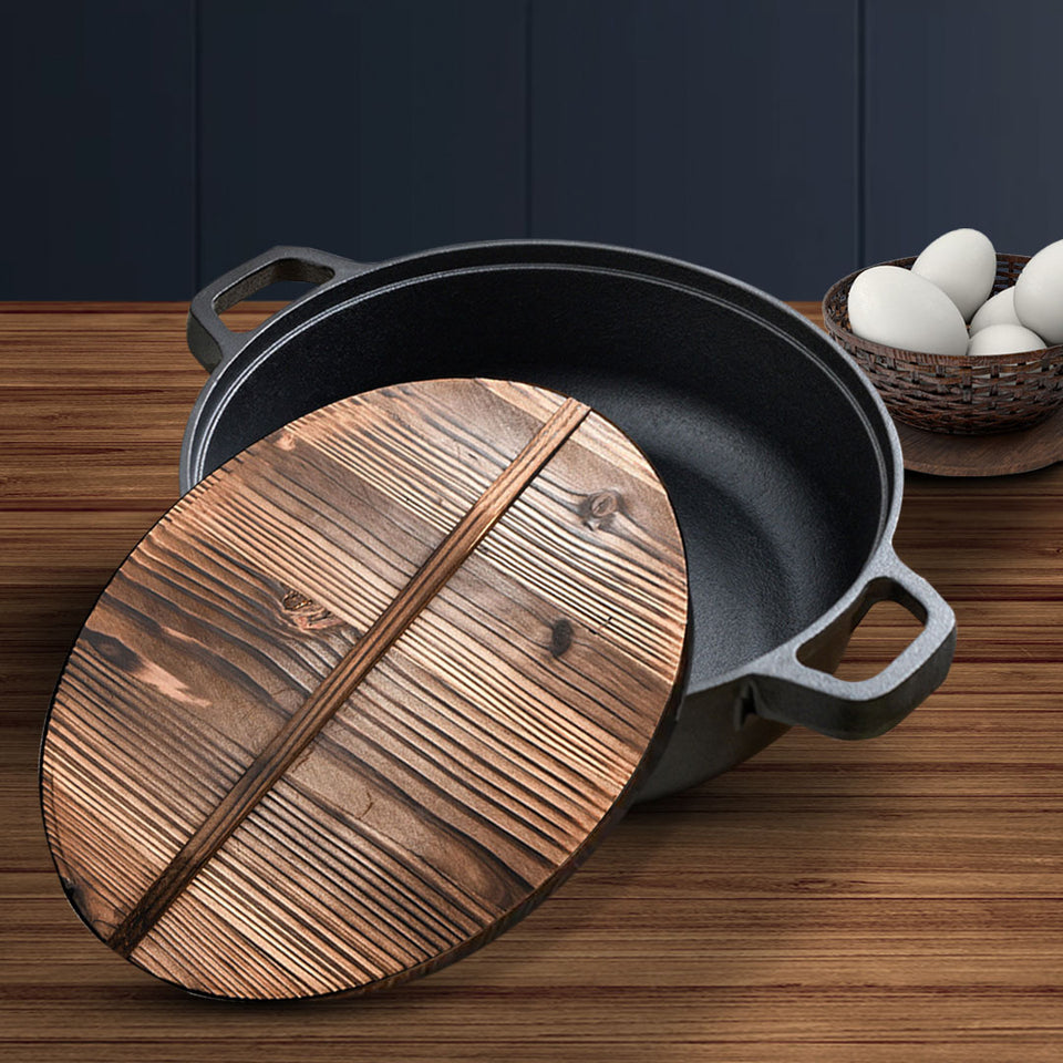 SOGA 29cm Round Cast Iron Pre-seasoned Deep Baking Pizza Frying Pan Skillet with Wooden Lid