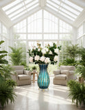 SOGA 51cm Blue Glass Tall Floor Vase with 12pcs White Artificial Fake Flower Set