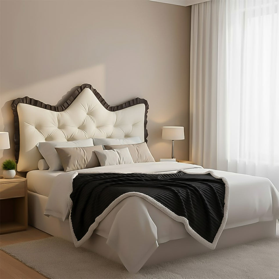 SOGA Home & Living Bundle – Cream Tufted Crown Pillow & Black Cozy Flannel Throw Blanket