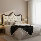 SOGA Home & Living Bundle – Cream Tufted Crown Pillow & Black Cozy Flannel Throw Blanket
