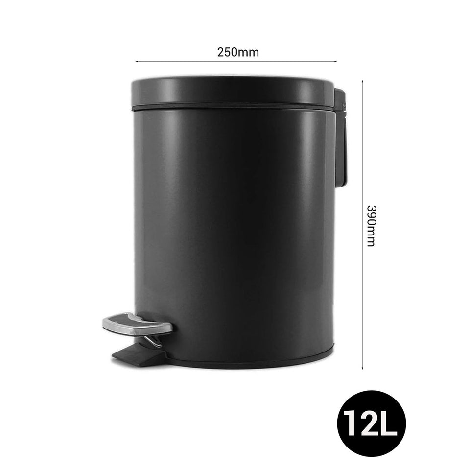 SOGA Foot Pedal Stainless Steel Rubbish Recycling Garbage Waste Trash Bin Round 12L Black