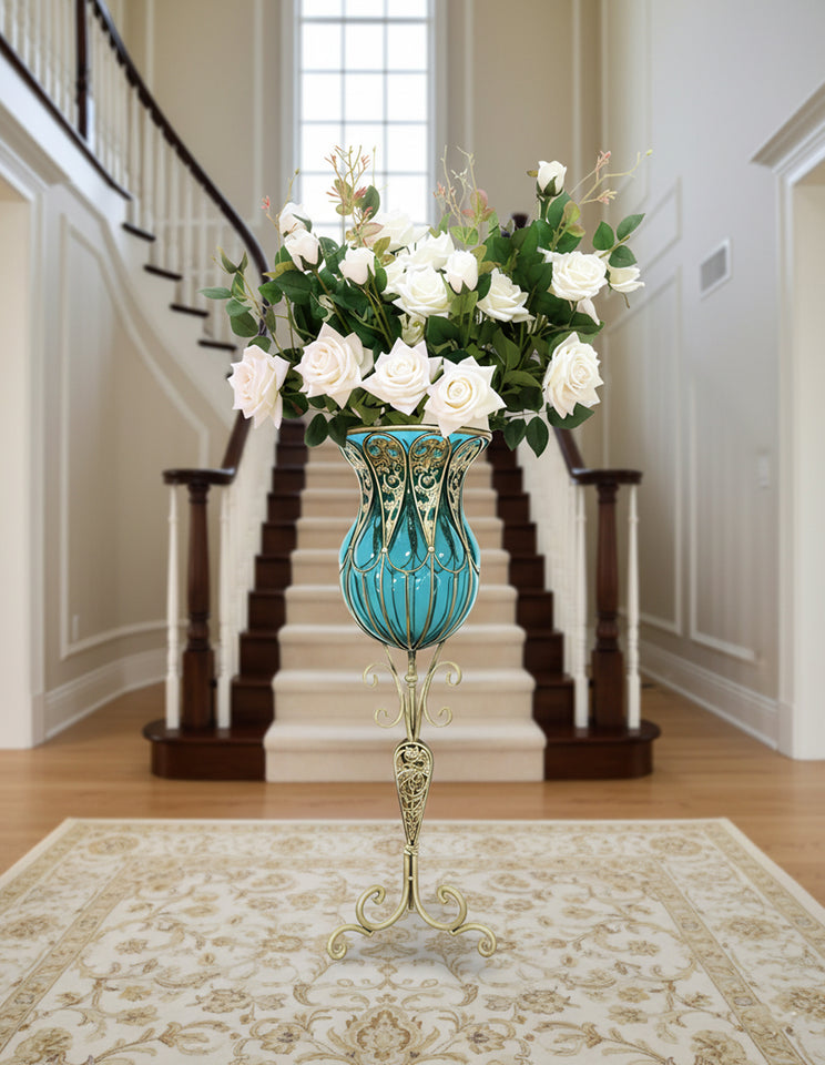SOGA 85cm Blue Glass Tall Floor Vase and 12pcs White Artificial Fake Flower Set