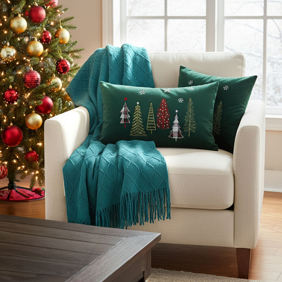 SOGA Christmas Bundle – 2 Dark Green Christmas Forest Lumbar Pillow & Teal Knitted Throw Blanket