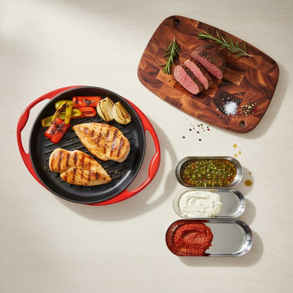 SOGA Kitchenware Bundle – Acacia Cutting Board, Cast Iron Skillet & Silver Nordic Plate Set