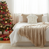 SOGA Christmas Bundle – 2 Khaki Wabi-Sabi & White Christmas House Pillows with Beige Knitted Throw