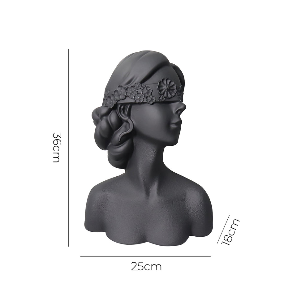 SOGA 36cm Black Resin Sculpture Blindfold Lady Bust Design for Home Decor