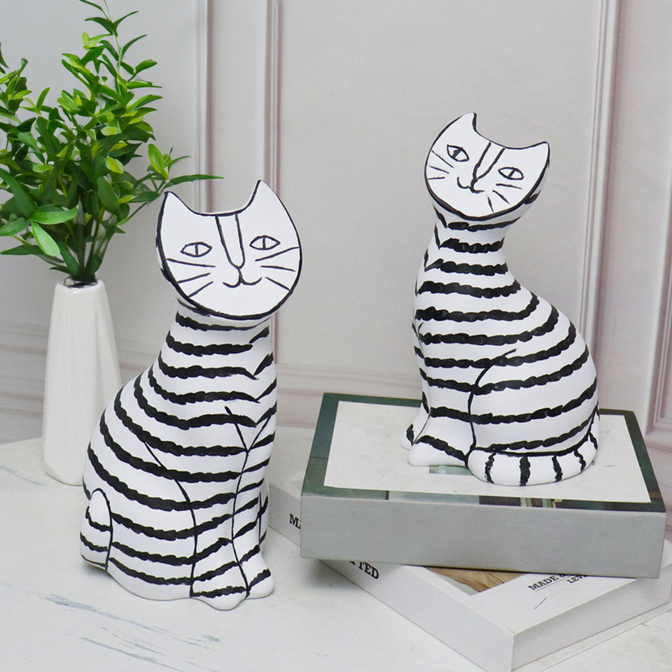 SOGA 22cm and 27cm Black & White Striped Cat Resin Sculptures for Stylish Home Decor