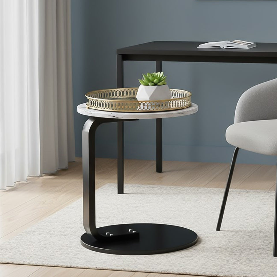 SOGA Home & Living Bundle – White Marble Mini Side Table & Gold Round Mirror Tray Organizer