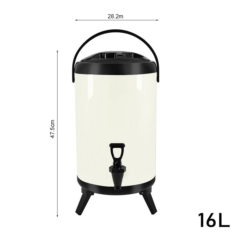 SOGA 8X 16L Stainless Steel Insulated Milk Tea Barrel Hot and Cold Beverage Dispenser Container with Faucet White