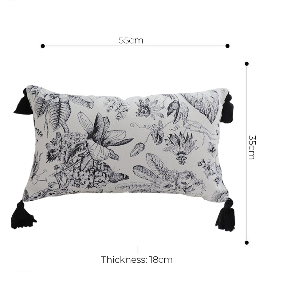 SOGA 2X 35cm Throw Pillow  Black and White Floral Print Elegant with Tassel Accents Home Decor