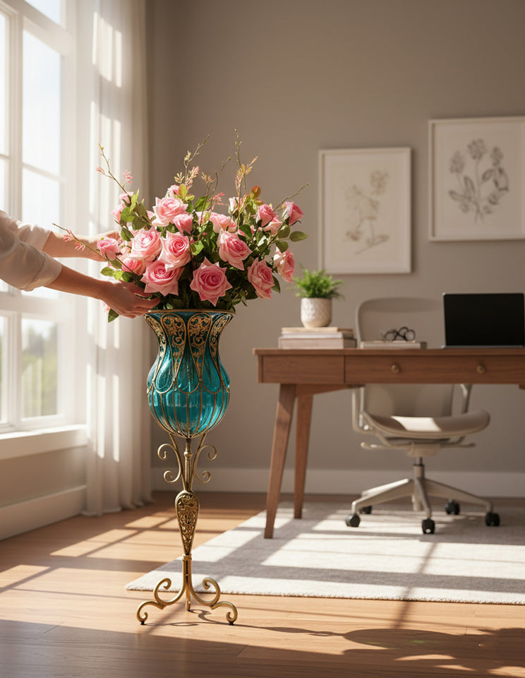 SOGA 85cm Blue Glass Tall Floor Vase and 12pcs Pink Artificial Fake Flower Set