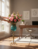 SOGA 85cm Blue Glass Tall Floor Vase and 12pcs Pink Artificial Fake Flower Set