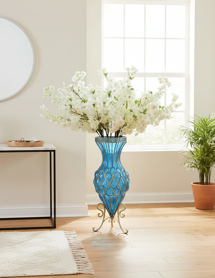 SOGA 67cm Blue Glass Tall Floor Vase with 10pcs White Artificial Fake Flower Set