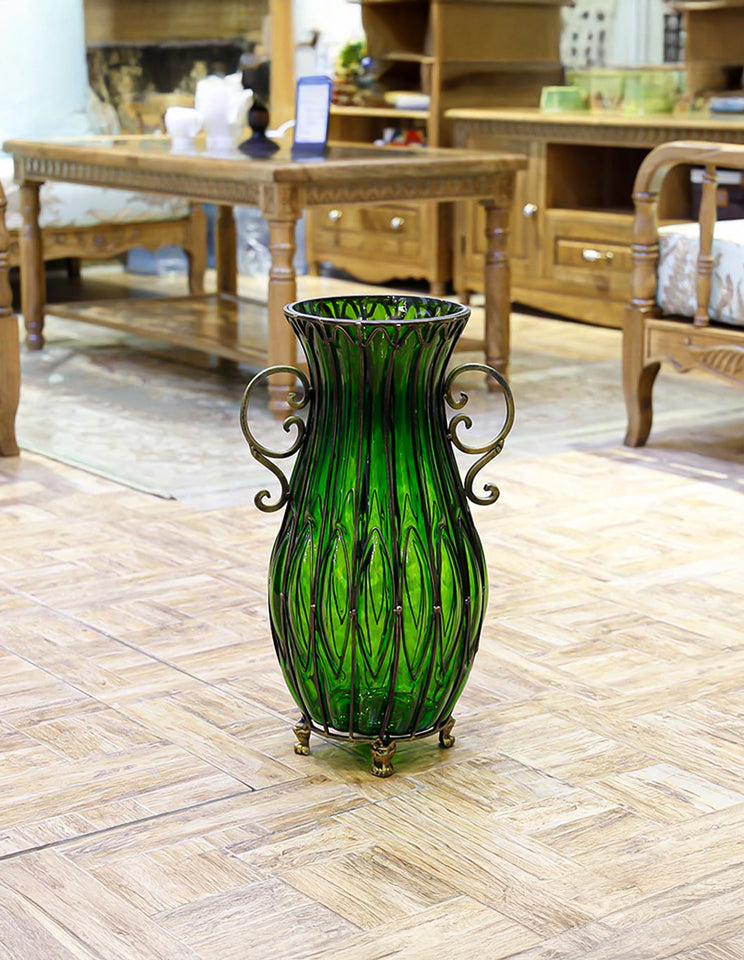 SOGA 51cm Green Glass Oval Floor Vase with Metal Flower Stand