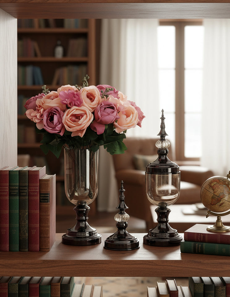 SOGA 2 x Clear Glass Flower Vase with Lid and Pink Flower Filler Vase Black Set