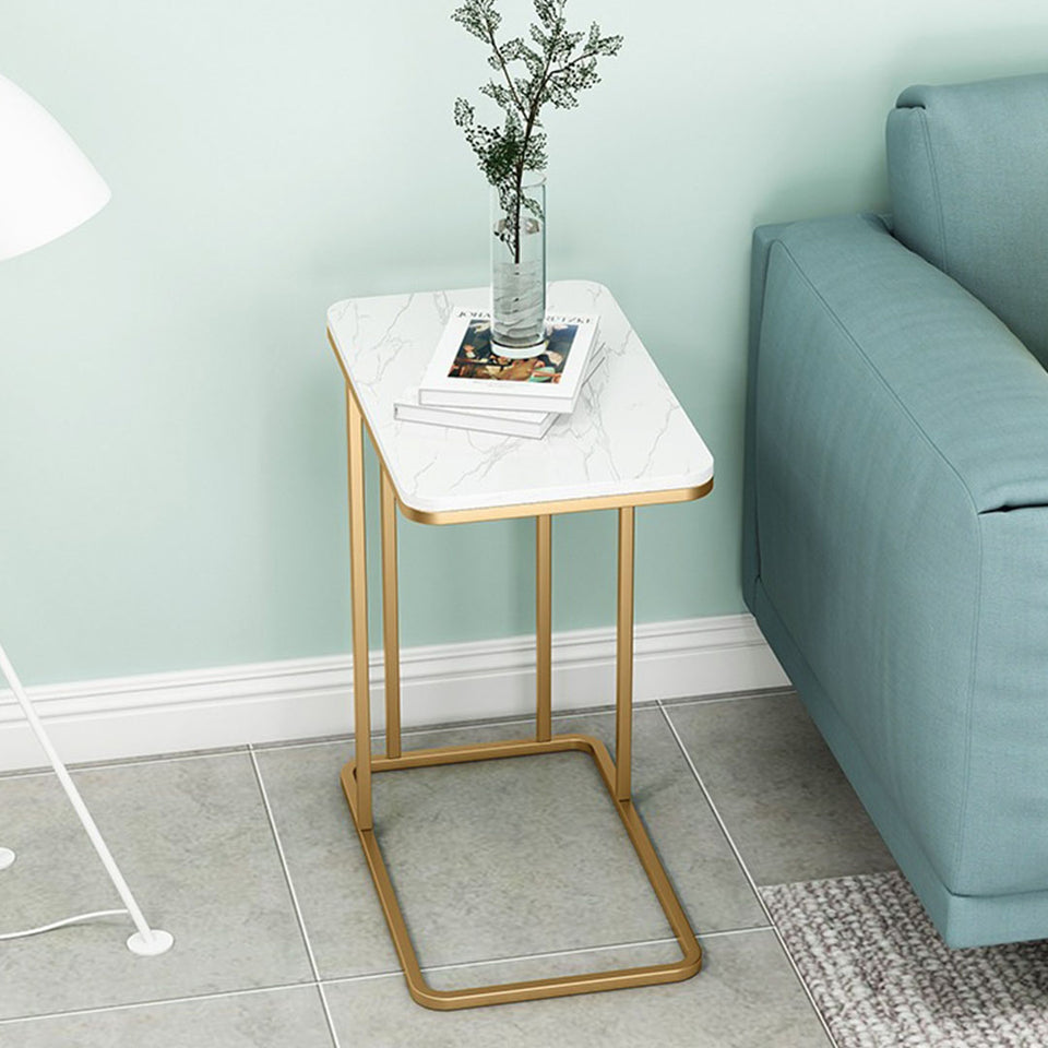 SOGA 2x 30x50cm White Stone-Patterned Sofa Side Tables – Square Mini Tables with Gold Metal Legs