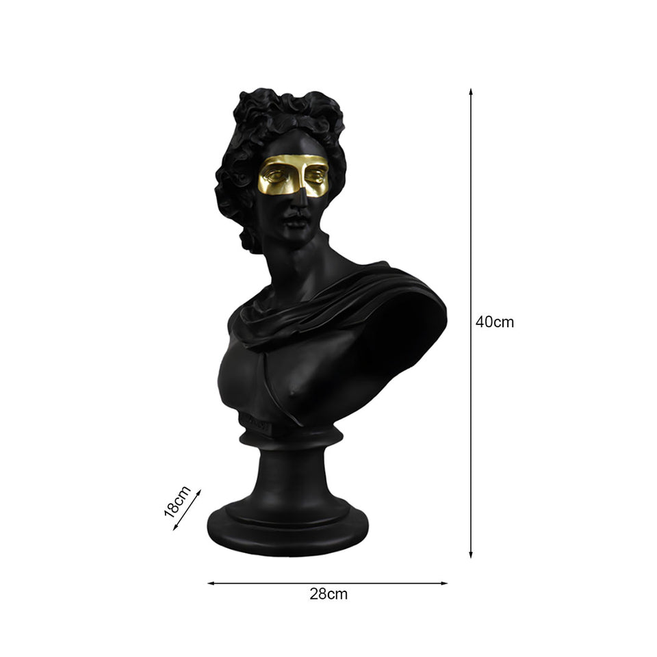 SOGA 40cm Black Classical Bust Resin Sculpture with Gold Eye Mask for Modern Home Decor