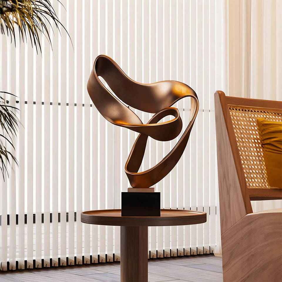 SOGA 45cm Bronze Abstract Sculpture Modern Ribbon Art with Black Base for Home Decor