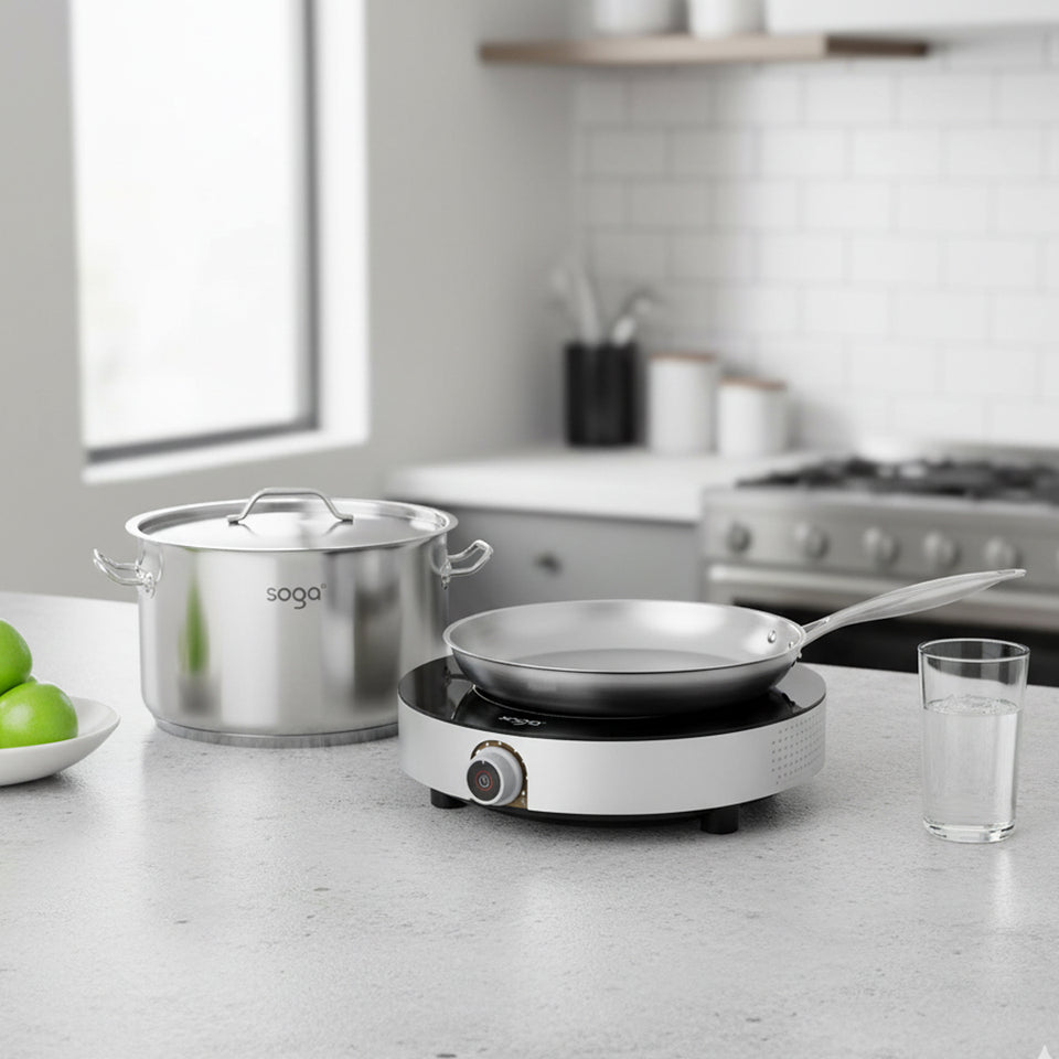 SOGA Kitchenware Bundle – 26cm Smart Induction Cooktop, Stainless Fry Pan & 9L Stock Pot