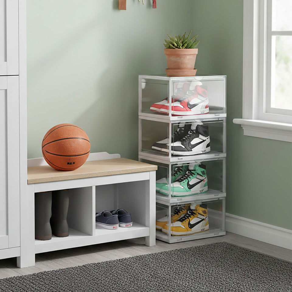 SOGA 4 Tier Transparent Portable Shoe Organiser Sneaker Footwear Folding Plastic Bin Stackable Storage Box with Magnetic Door