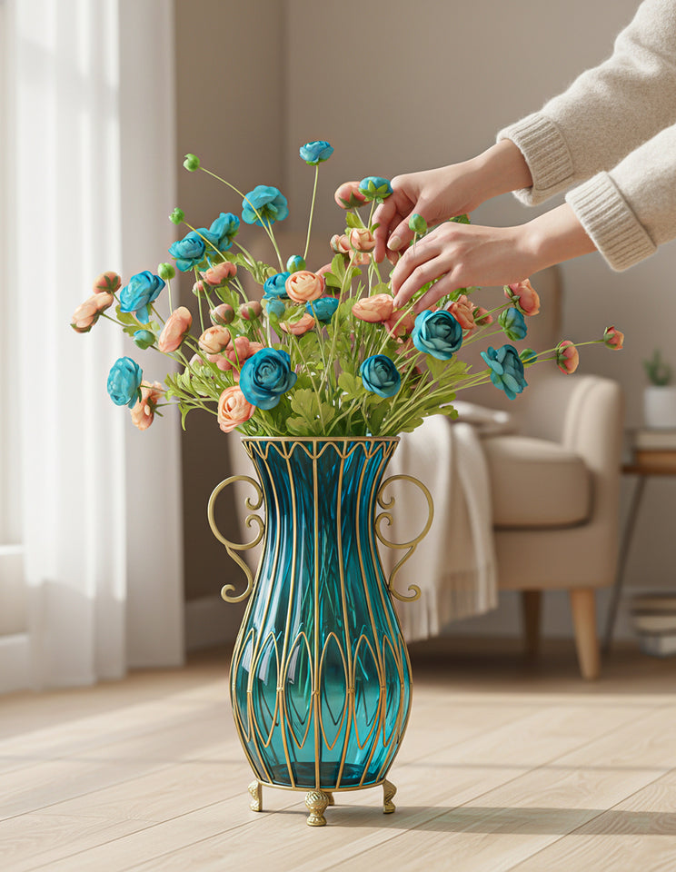 SOGA 51cm Blue Glass Tall Floor Vase with 12pcs Artificial Fake Flower Set