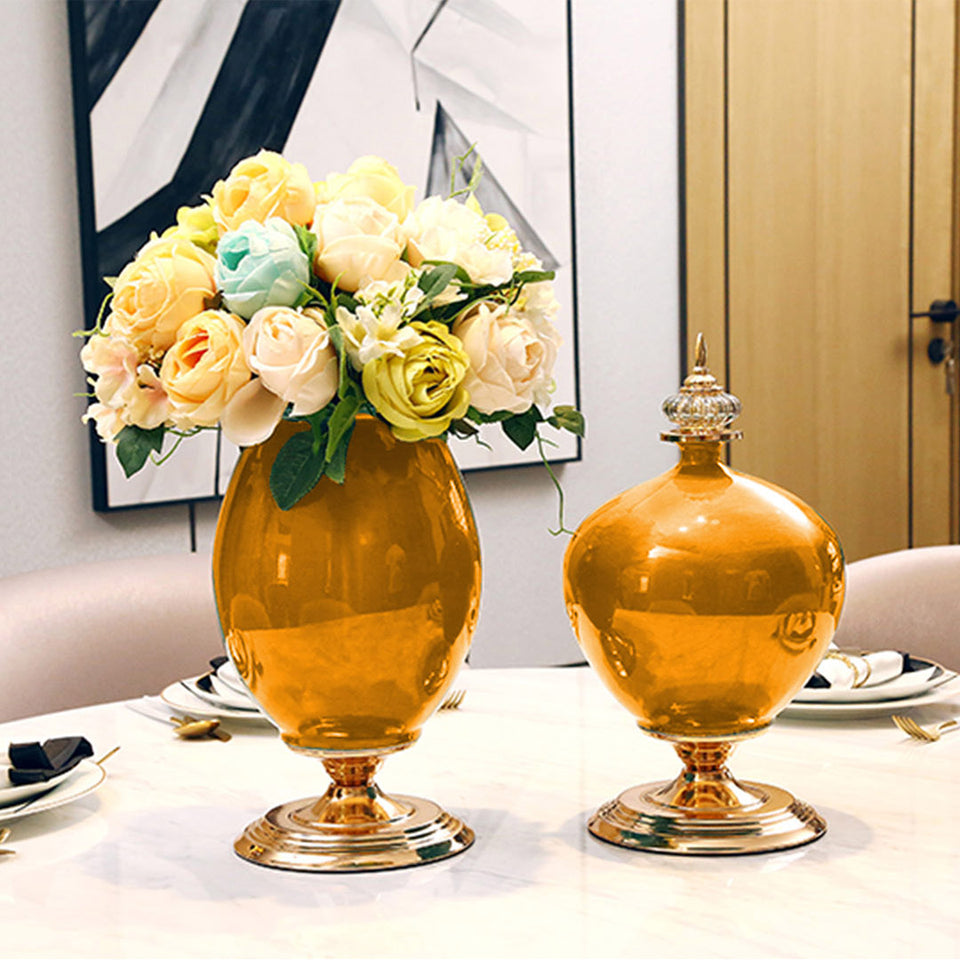 SOGA 38cm Ceramic Oval Flower Vase with Gold Metal Base Yellow