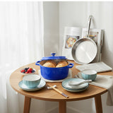 SOGA Kitchenware Bundle – Blue Enamel Stewpot, Stainless Steel Fry Pan & Ceramic Dinnerware Set
