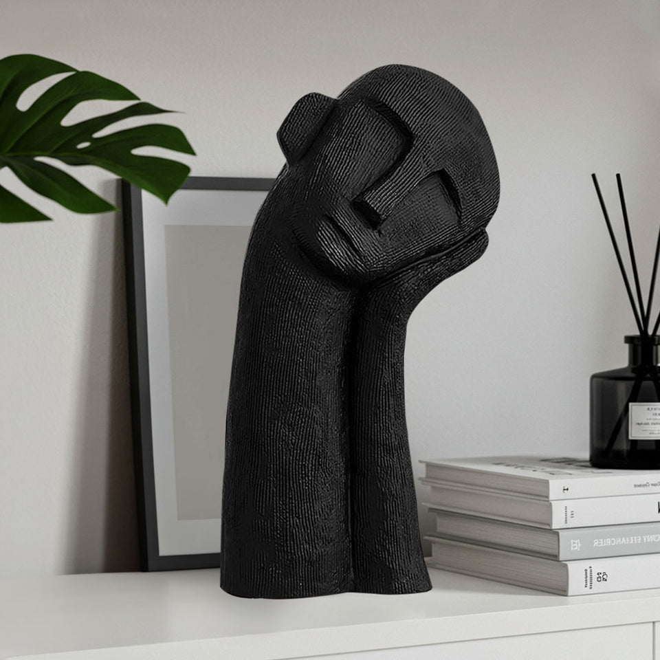 SOGA 38cm Black Minimalist Head Resin Sculpture with Hand at Side and Linear Texture for Home Decor