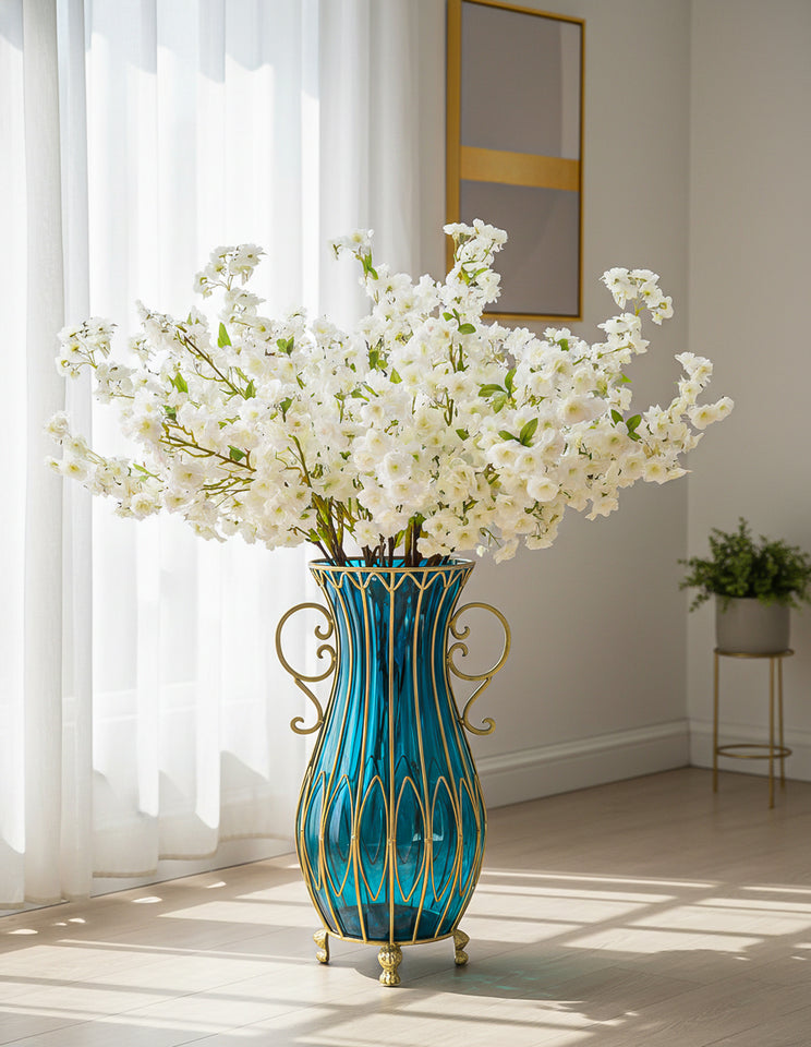 SOGA 51cm Blue Glass Tall Floor Vase and 10pcs White Artificial Fake Flower Set