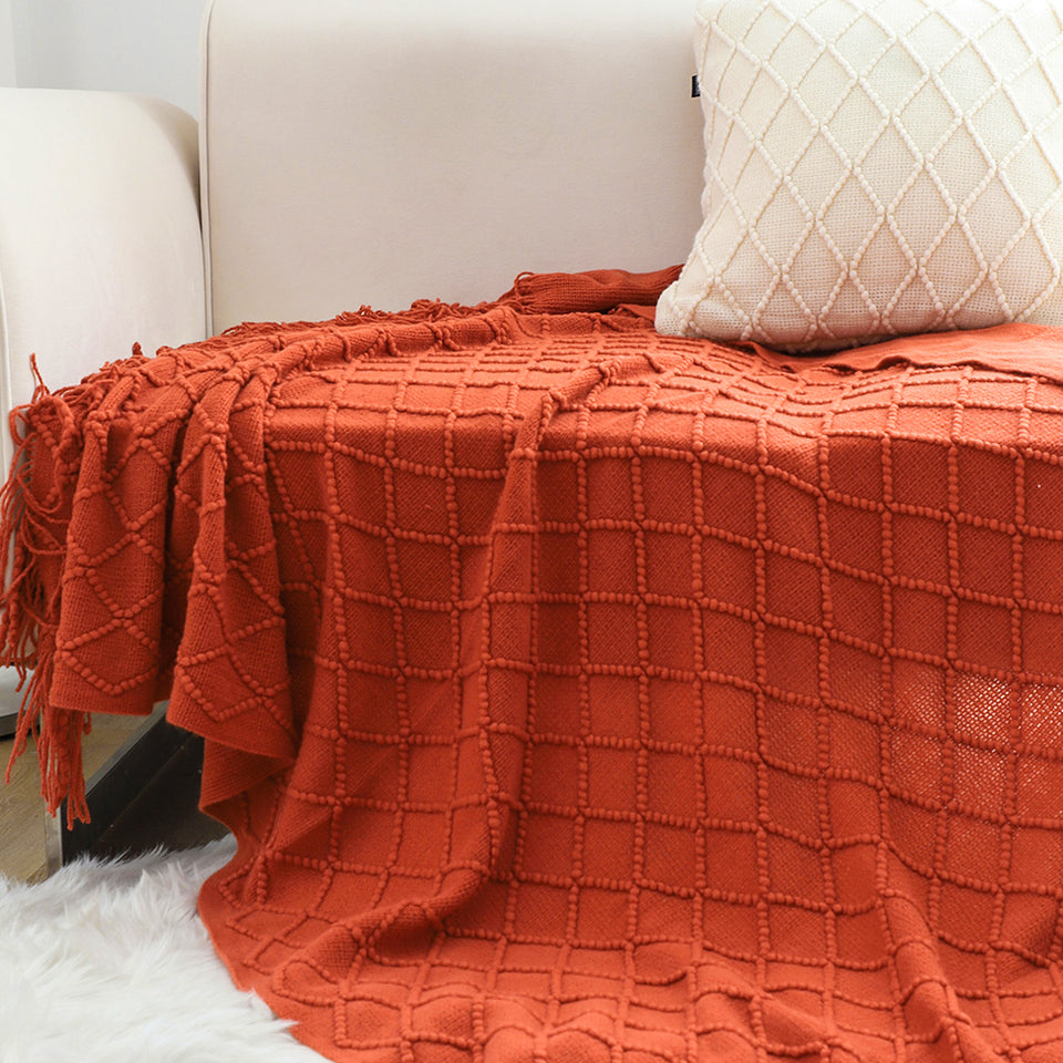 SOGA 2X Red Diamond Pattern Knitted Throw Blanket Warm Cozy Woven Cover Couch Bed Sofa Home Decor with Tassels