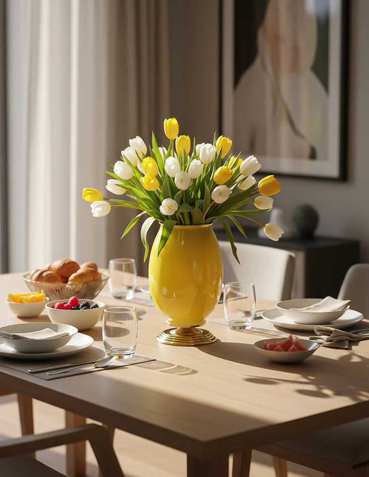 SOGA 2x 40cm Ceramic Oval Flower Vase with Gold Metal Base Yellow