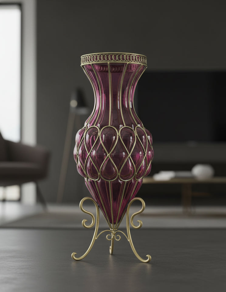 SOGA 67cm Purple Glass Tall Floor Vase with Metal Flower Stand