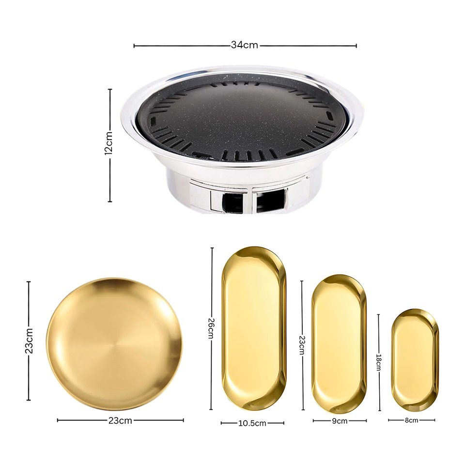 SOGA Kitchenware Bundle – Gold Nordic Plate Set, 23cm Grilling Plate & Portable Charcoal BBQ Grill