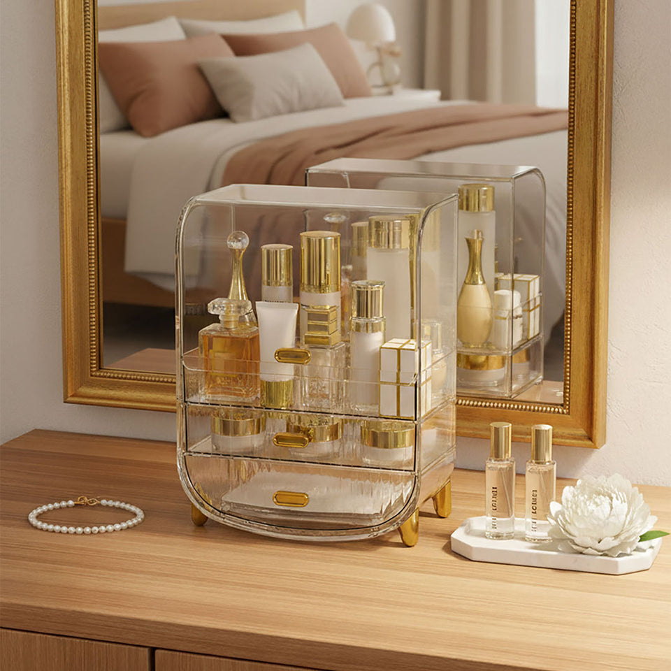 SOGA 3 Tier Transparent Multifunctional Countertop Cosmetic Storage Makeup Perfume Skincare Display Stand Shelf Drawer Type Organiser
