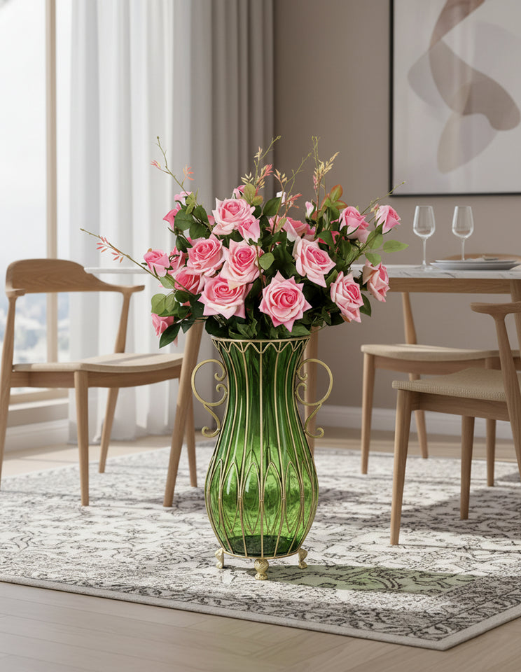 SOGA 51cm Green Glass Tall Floor Vase with 12pcs Pink Artificial Fake Flower Set