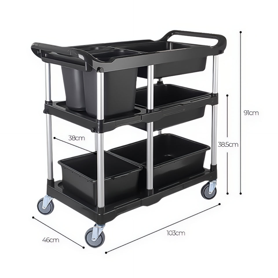 SOGA 2X Black 3-Tier Kitchen Utility Trolley Cart with 5 Buckets