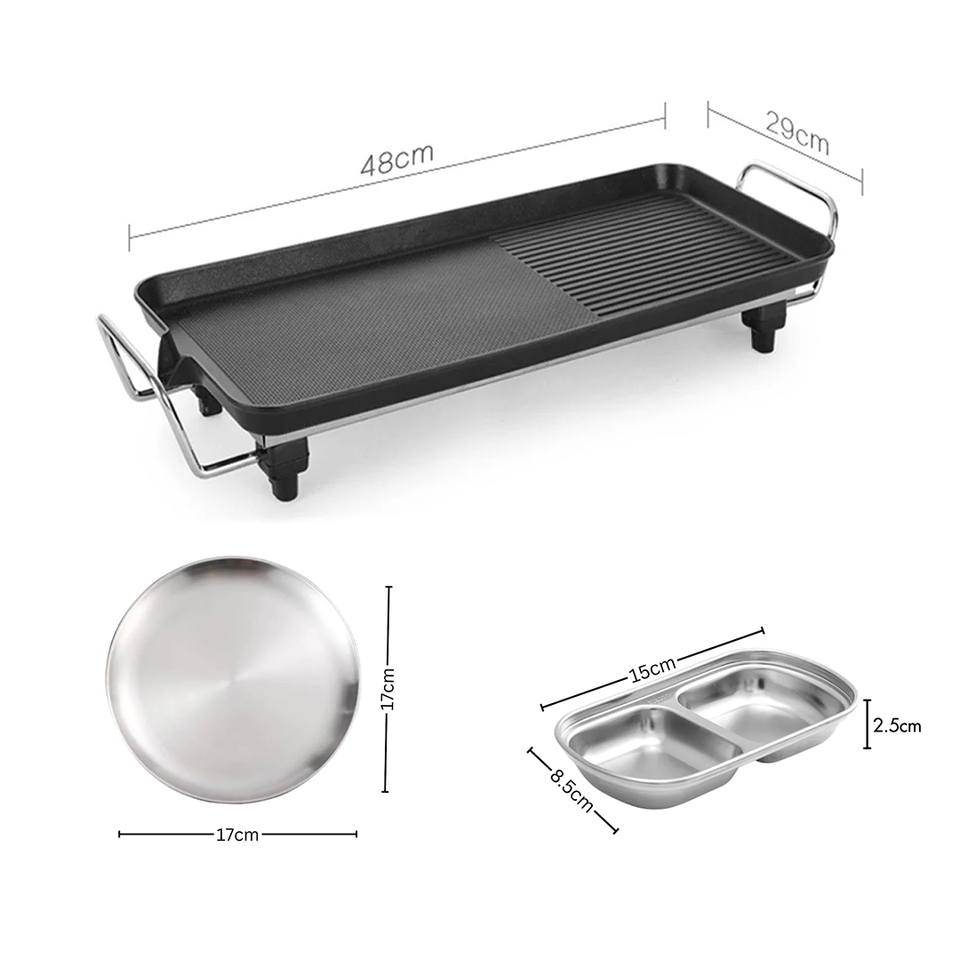 SOGA Kitchenware Bundle – 48cm Electric BBQ Grill with Silver Grilling Plate & Divided Sauce Pan