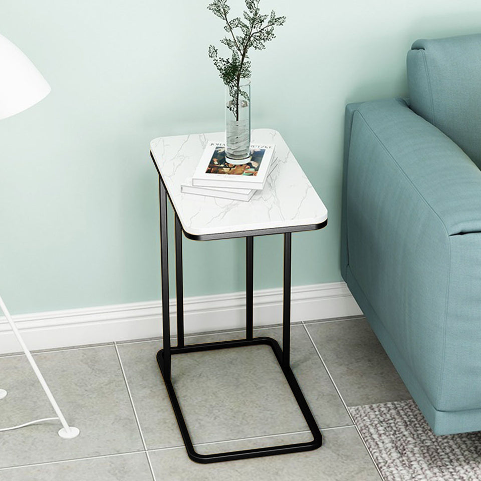 SOGA 2X 30x50x58cm White Stone-Patterned Sofa Side Square Mini Table w/ Black Metal Legs