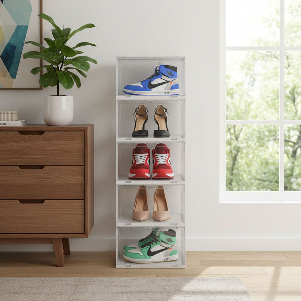 SOGA 2X 5 Tier Transparent Portable Shoe Organiser Sneaker Footwear Folding Plastic Bin Stackable Storage Box with Magnetic Door