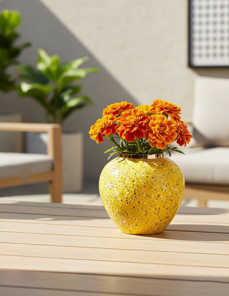 SOGA 21x22cm Yellow with White Mini Floral Small Ceramic Flower Vase Elegant Living Room Home Decor
