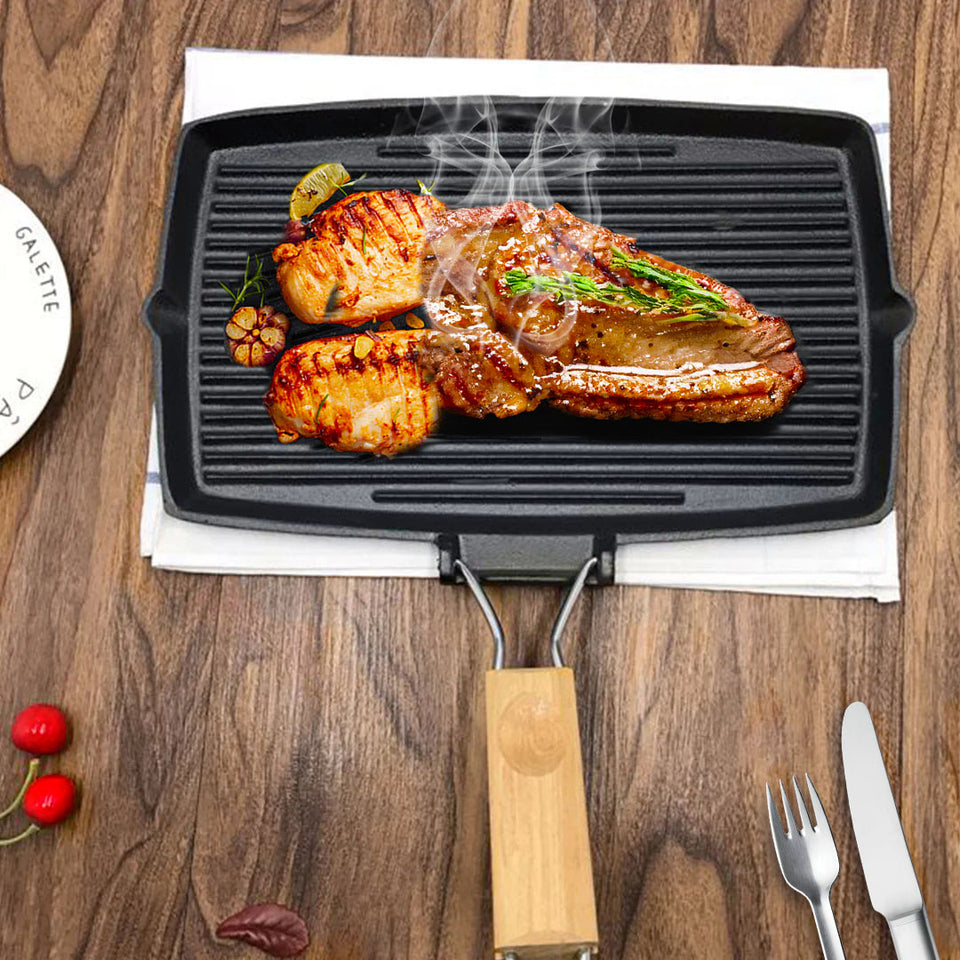 SOGA 20.5cm Rectangular Cast Iron Griddle Pan with Folding Wooden Handle