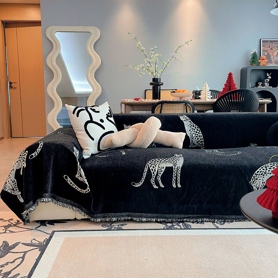 SOGA Three-seater Black Sofa Cover Leopard Print 180x340cm Polyester