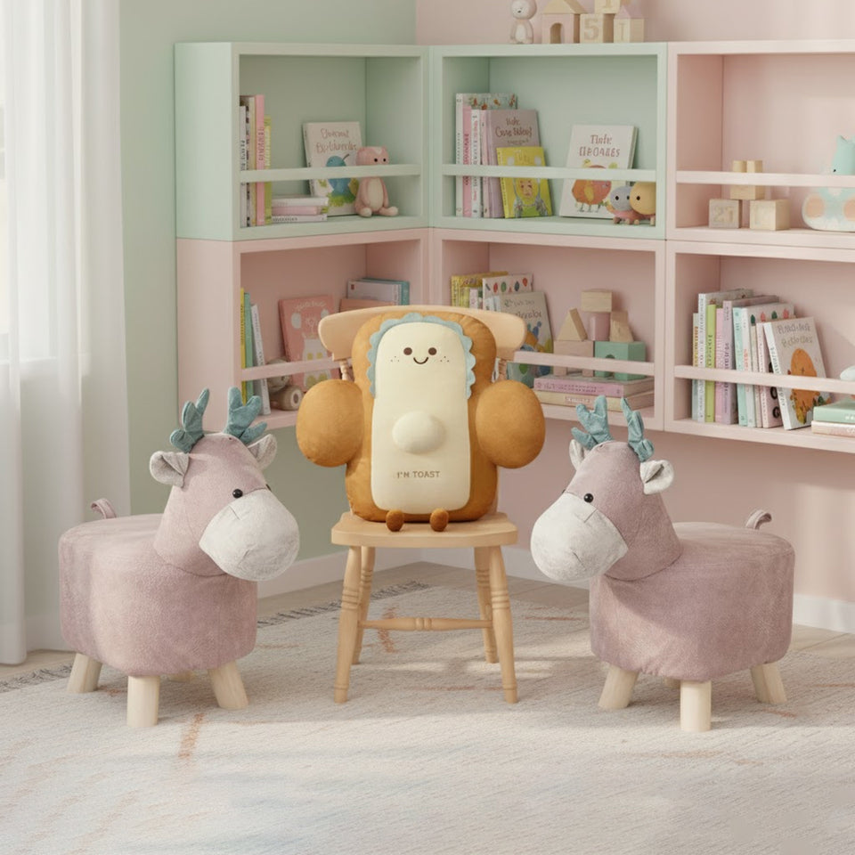 SOGA Home & Living Bundle – 2 Pink Deer Children’s Ottoman & Smiley Toast Plush Cushion