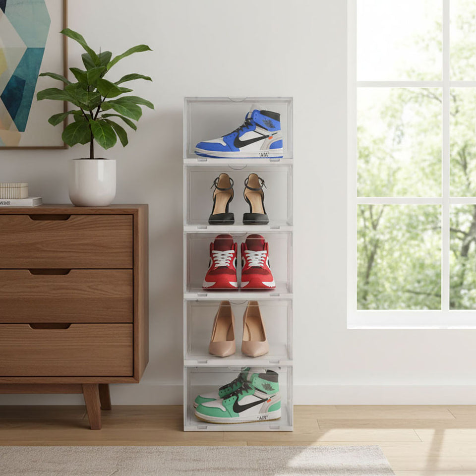 SOGA 5 Tier Transparent Portable Shoe Organiser Sneaker Footwear Folding Plastic Bin Stackable Storage Box with Magnetic Door