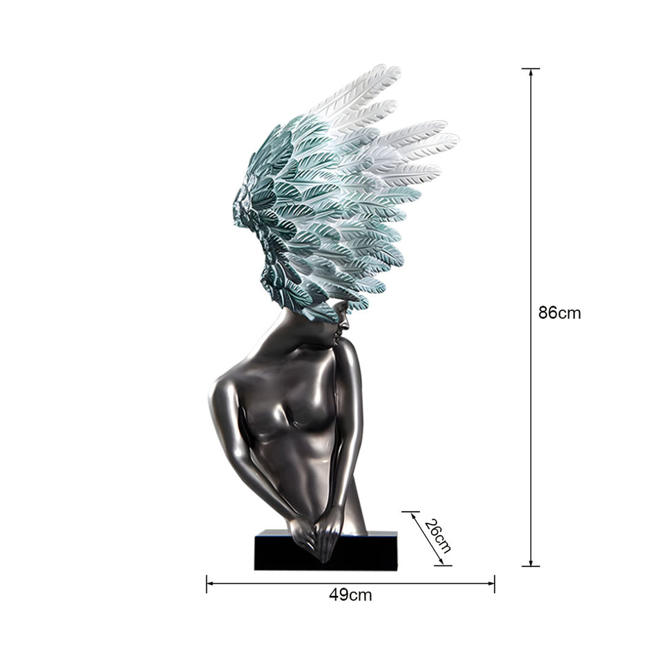 SOGA 86cm Modern Silver Winged Figure Sculpture with Artificial Marble Base for Home Decor